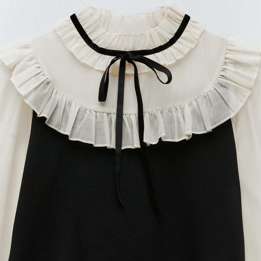 NEW Zara Contrasting Organza Ruffle Sweater Top S - Picture 10 of 11